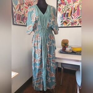 Knox Rose Aqua Flower Paisley Big Flower Dolman Sleeve Midi Beach Sun Dress S